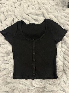 Brandy Melville Black Ribbed Button-Front Short Sleeve Top